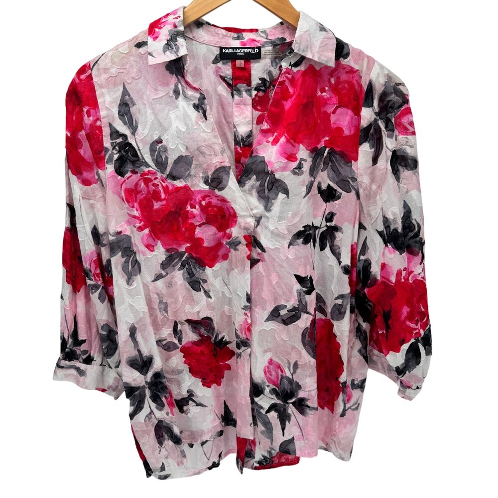 Karl Lagerfeld Blouse Womens Small Floral V-Neck Collared 3/4 Sleeve Cotton